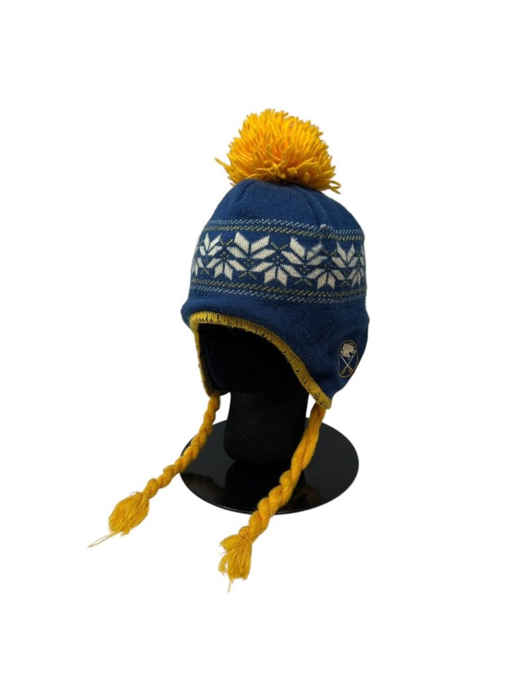 Buffalo Sabres CCM Pro OK'd Beanie Hat Cap Ear Flaps Pom Pom Braids NHL Hockey